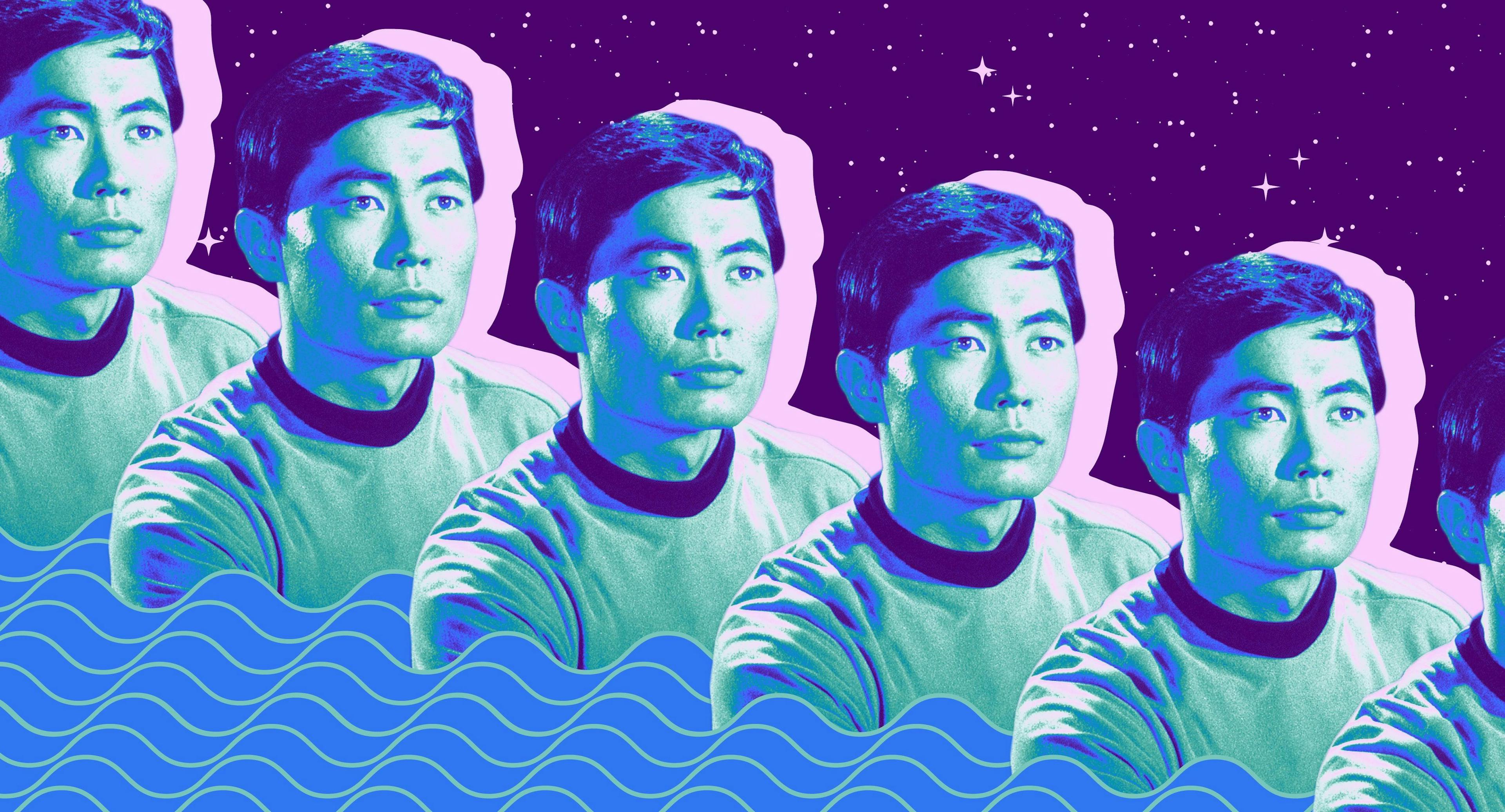 Five repeated images of George Takei's Sulu from The Original Series are set against a blue and purple background.