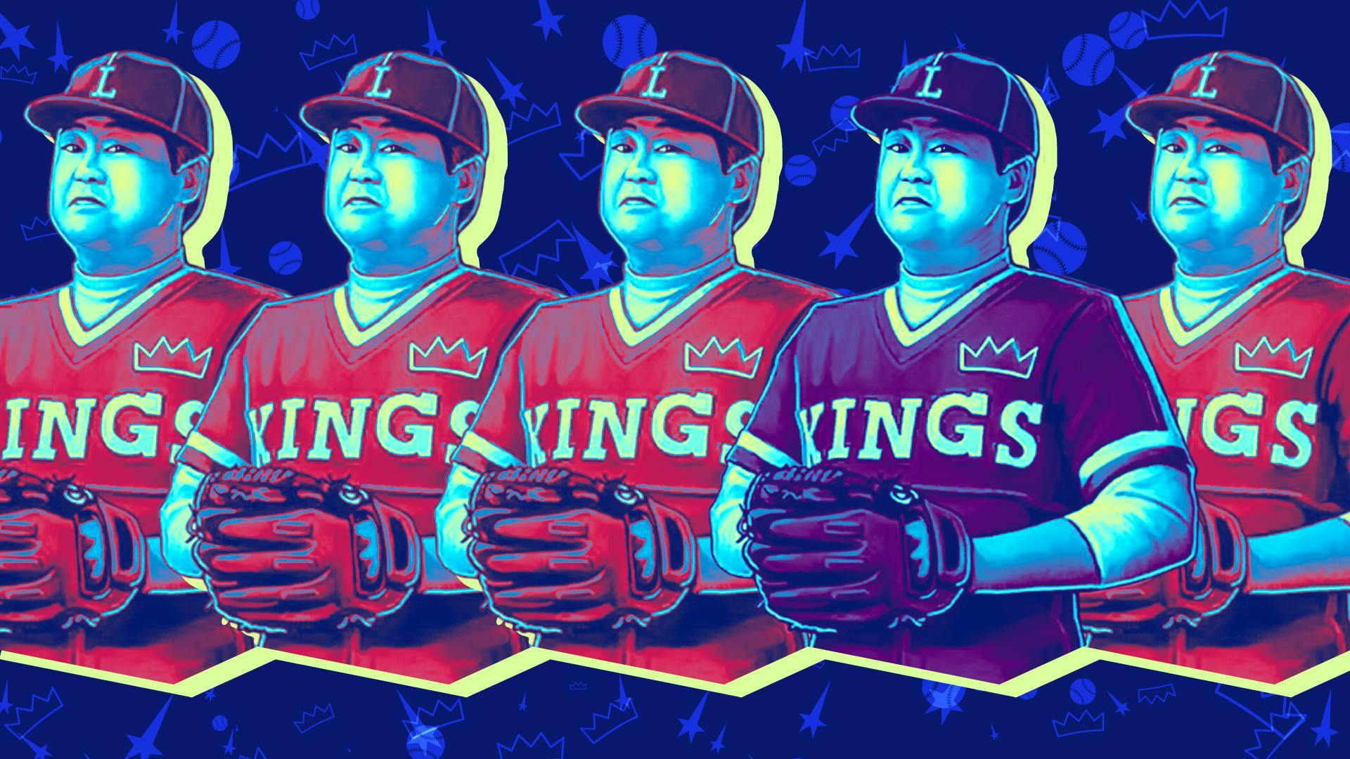 Illustrated banner featuring a repetition of stylized depictions of Star Trek: Deep Space Nine's holo-baseball character Buck Bokai